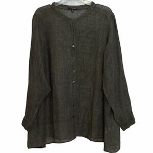 Eileen Fisher Woman 3X Green Moss Semi Sheer 100% Linen Button Up Lagenlook Plus